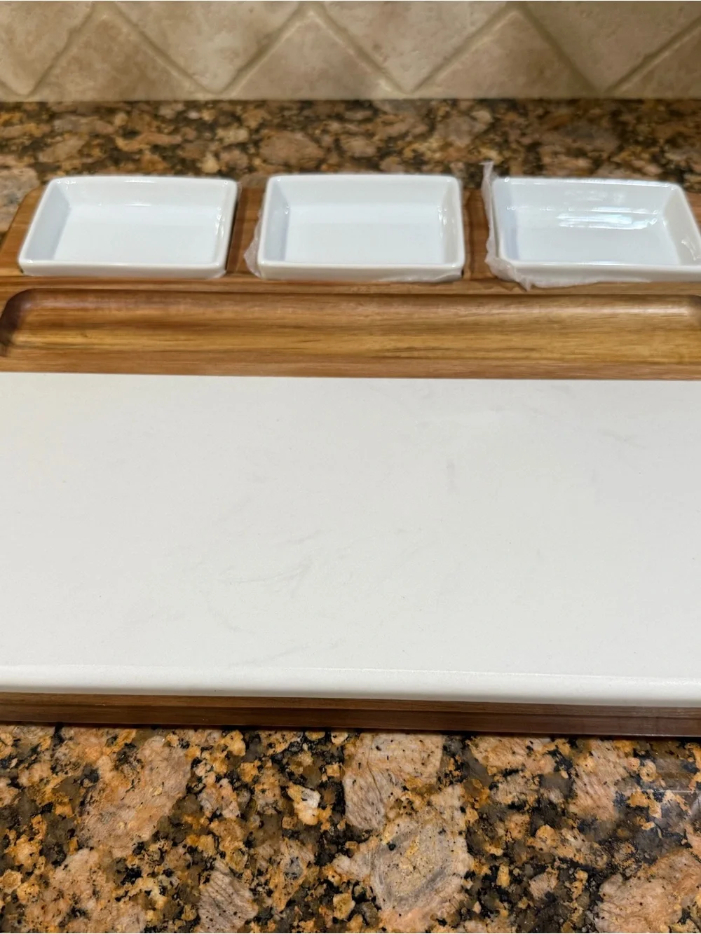 Wood & Marble Cheese Serving Board Set with White Ceramic Dishes